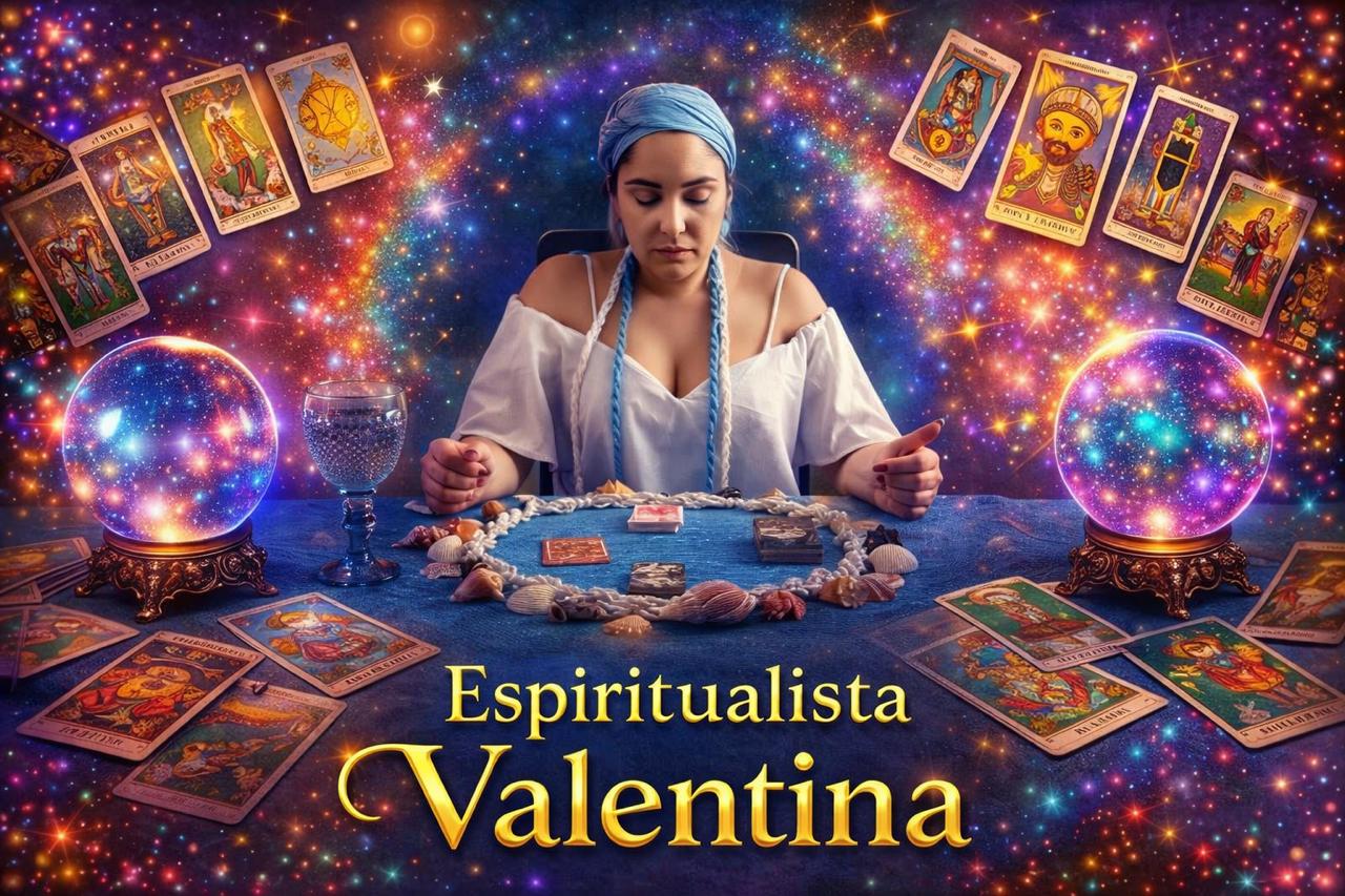 Espiritualista Valentina em mesa de trabalho espiritual com cartas e búzios